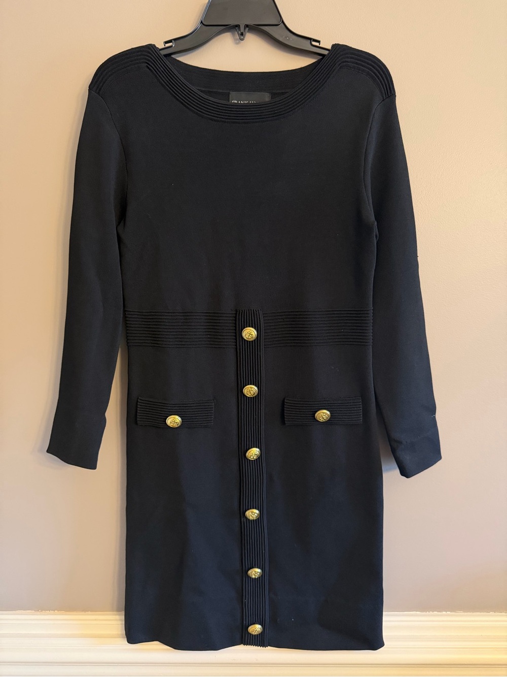 Frank Lyman Military Knit Sweater Dress Gold Crest Buttons Black Small Altered